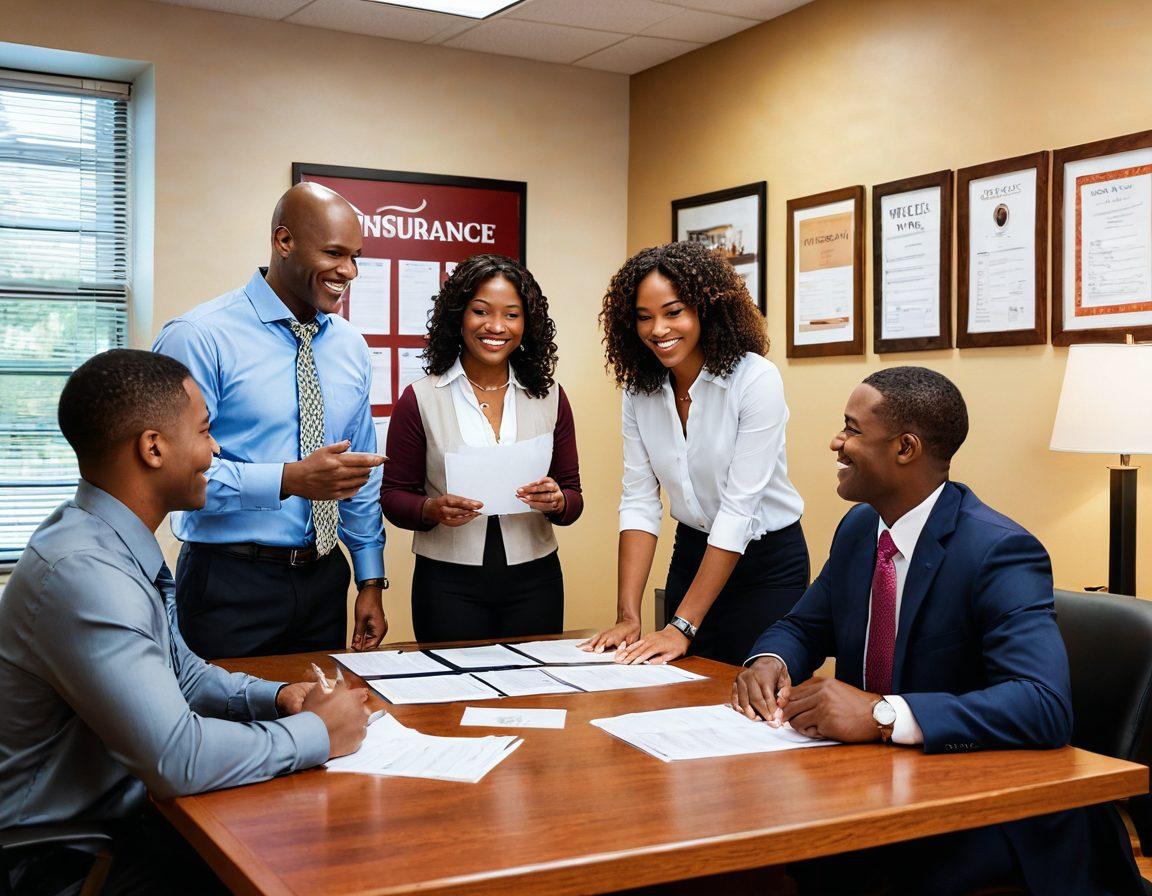 A warm and inviting scene depicting a diverse group of insurance agents engaging with happy clients in a cozy office setting, showcasing strong relationships and trust. Include elements of community support like a bulletin board with local events and testimonials. Soft lighting enhances the atmosphere of care and reliability. super-realistic. vibrant colors. soft focus.