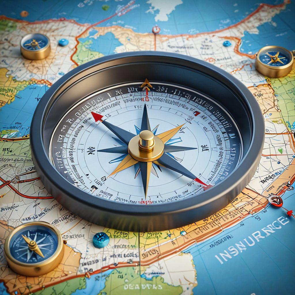 An open compass resting on a map, surrounded by diverse insurance-related icons like home, health, auto, and life insurance. A warm light illuminates the scene, symbolizing guidance and clarity. Soft clouds in the background suggest an expansive horizon, representing opportunities ahead. Emphasize a balance between professionalism and approachability. super-realistic. vibrant colors. 3D.