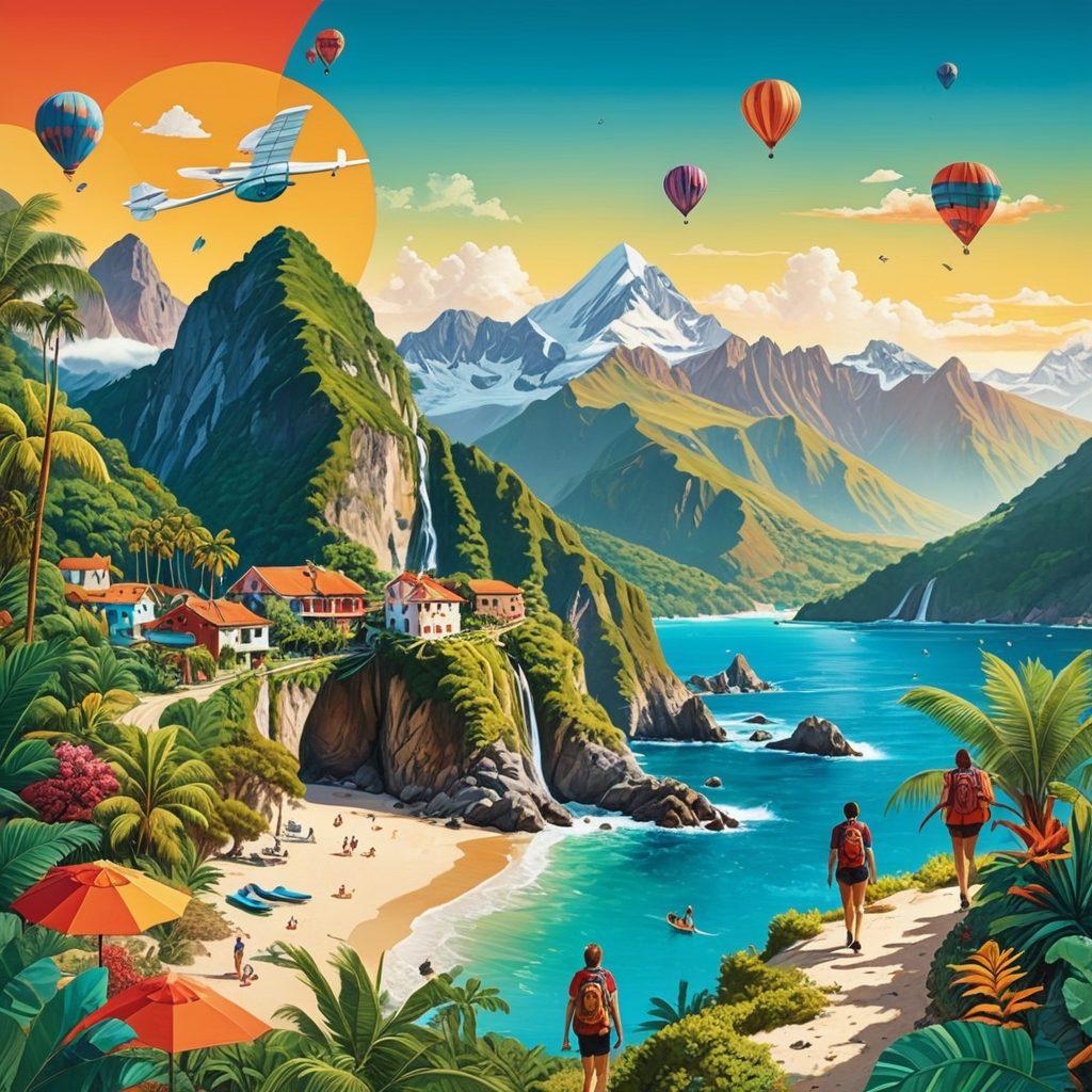 A vibrant collage depicting various travel scenes, showcasing people engaging in different adventures like hiking, beach relaxation, and cultural exploration, overlaid with icons representing diverse insurance plans such as health, travel, and adventure. The background features a world map subtly integrated, symbolizing global exploration. The overall tone is cheerful and inviting. vibrant colors. collage style.